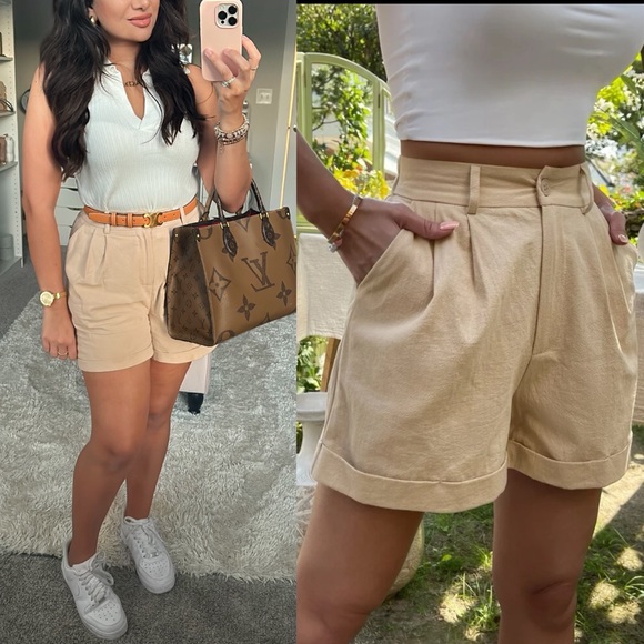 Pants - Tan High Waist Plicated Detail Roll Up Hem Shorts